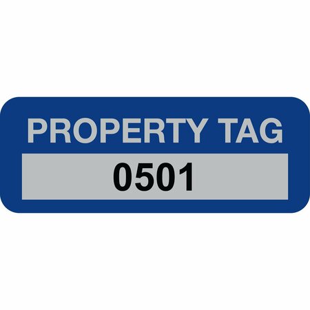 LUSTRE-CAL Property ID Label PROPERTY TAG5 Alum Dark Blue 2in x 0.75in  Serialized 0501-0600, 100PK 253740Ma1Bd0501